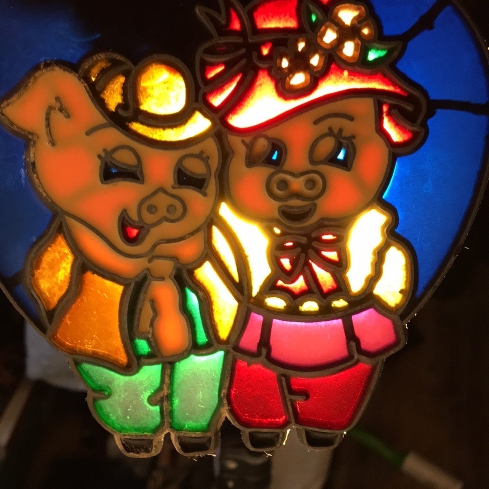 Pigs in Love Pig Couple Vintage 80s Sun Catcher  Stained Glass Window Decor